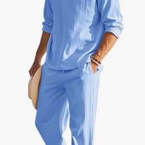 COOFANDY Men's 2 Piece Cotton Linen Set Henley Shirt Long Sleeve Casual Pants
